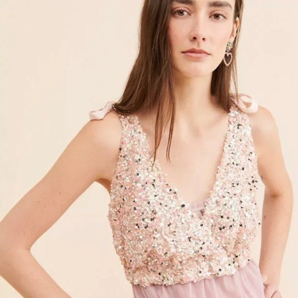 Free People Big Night Sequin Crop Top Neutral Cream NWT Size Large Party